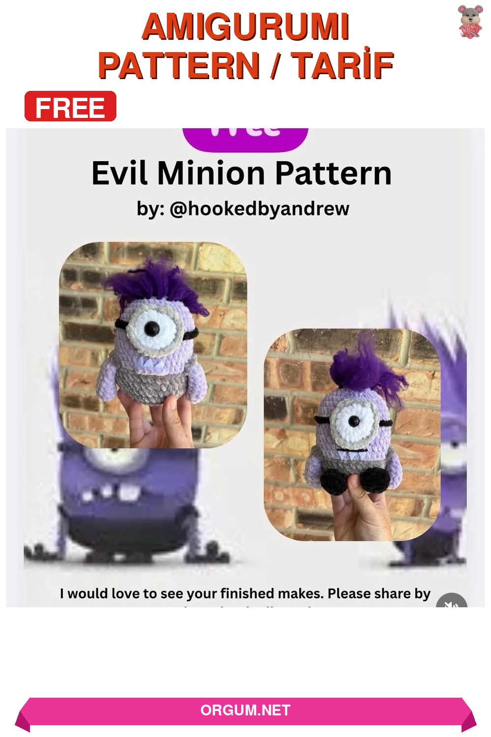Kötü Minyon Amigurumi Tarifi - Ücretsiz Türkçe Örgü Anlatımı 6 Kötü Minyon (Evil Minion) Amigurumi Tarifi Pin