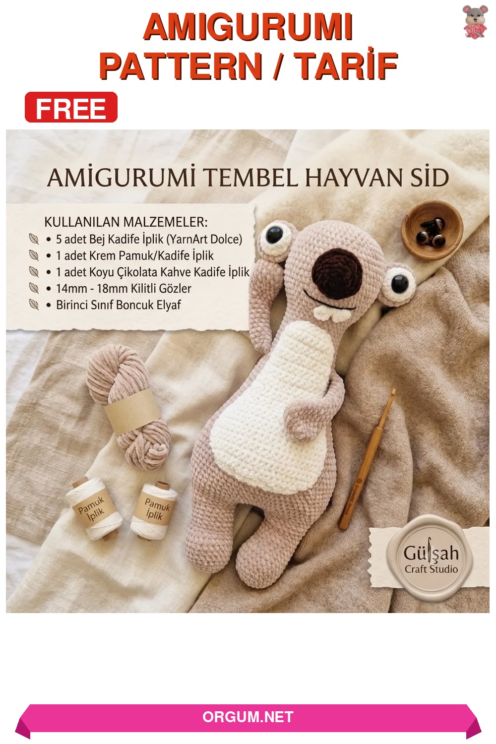Sid (Buz Devri) Amigurumi Tembel Hayvan Amigurumi Tarifi Pin