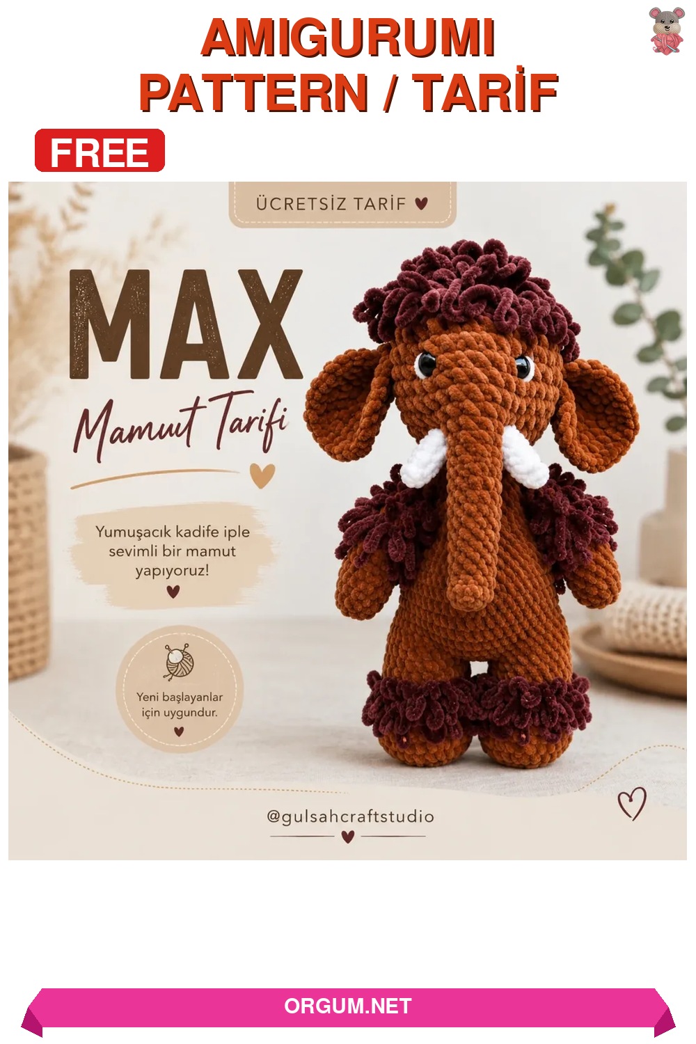 Max Mamut Amigurumi Tarifi: Kadife İplikle Yeni Başlayanlar İçin Ücretsiz Tarif 4 Max Mamut Amigurumi Amigurumi Tarifi Pin