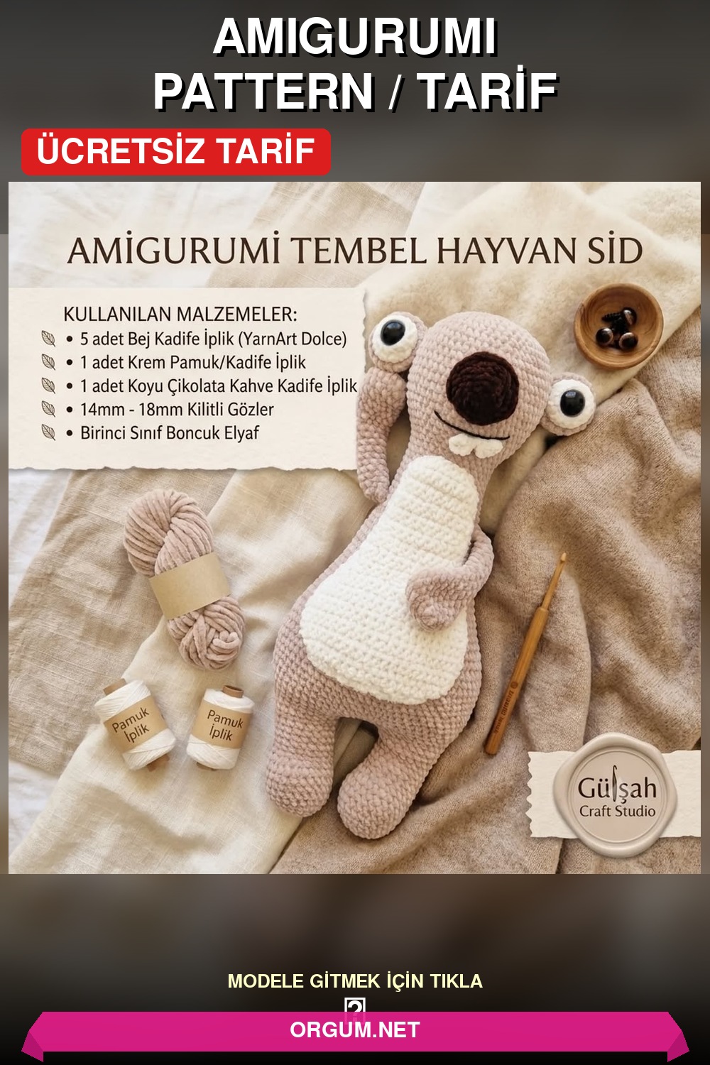 Sid (Buz Devri) Amigurumi Tembel Hayvan Amigurumi Tarifi Pin