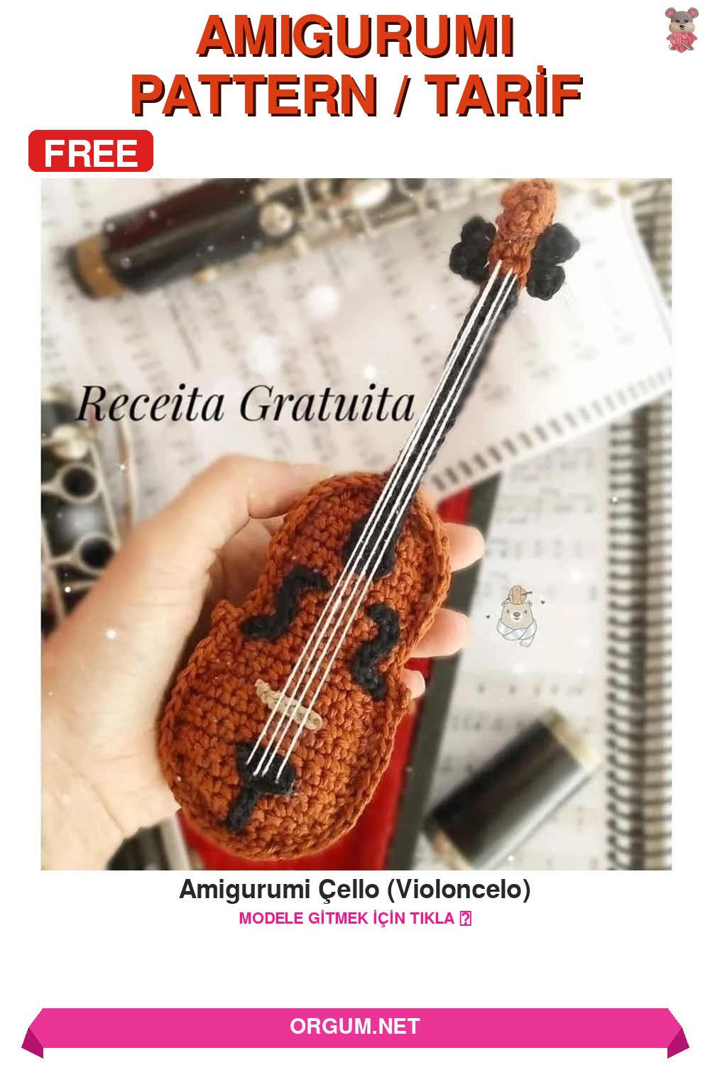 Amigurumi Çello Yapılışı - Ücretsiz Tığ İşi Minyatür Müzik Aleti Tarifi 7 Amigurumi Çello (Violoncelo) Amigurumi Tarifi Pin