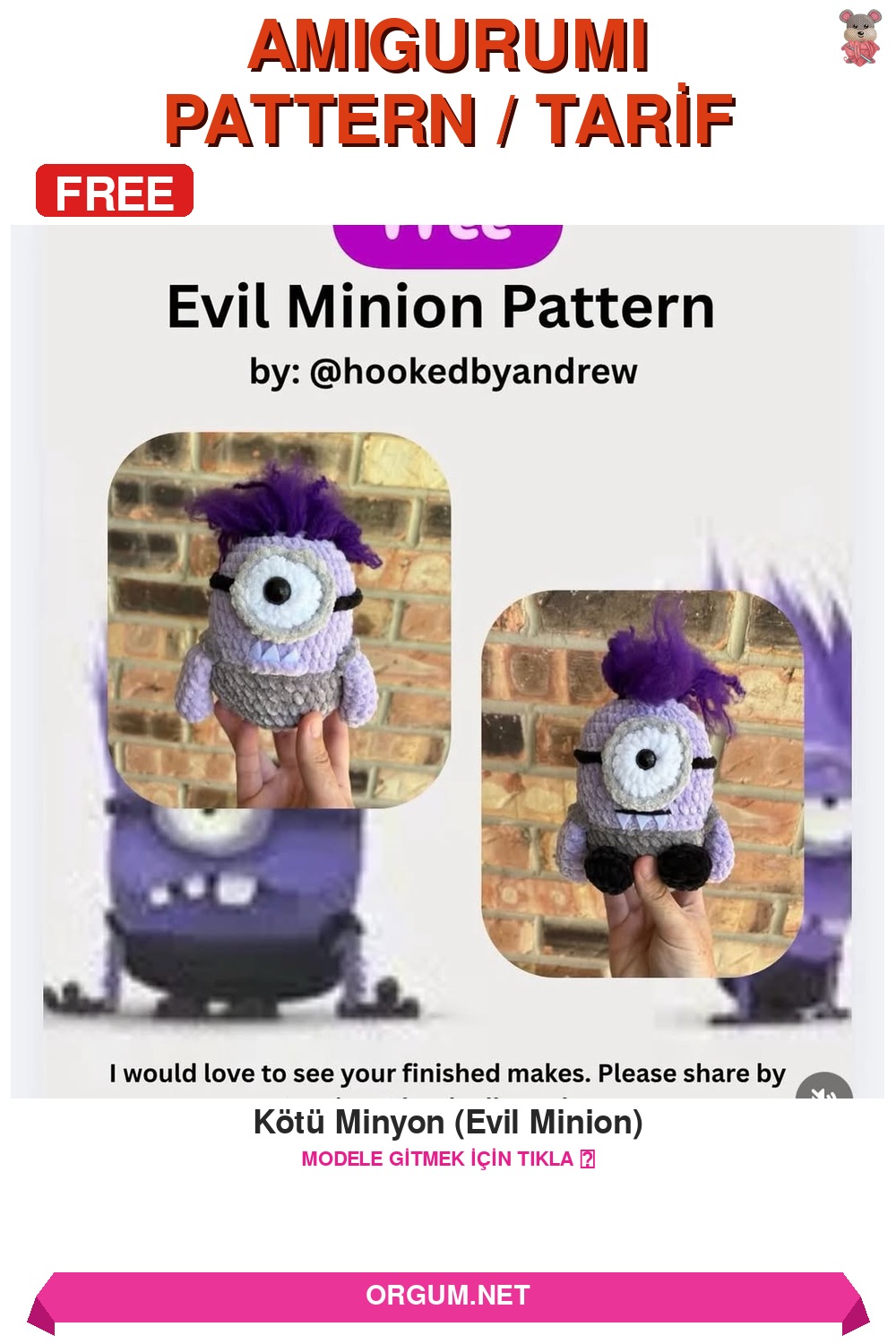 Kötü Minyon Amigurumi Tarifi - Ücretsiz Türkçe Örgü Anlatımı 9 Kötü Minyon (Evil Minion) Amigurumi Tarifi Pin