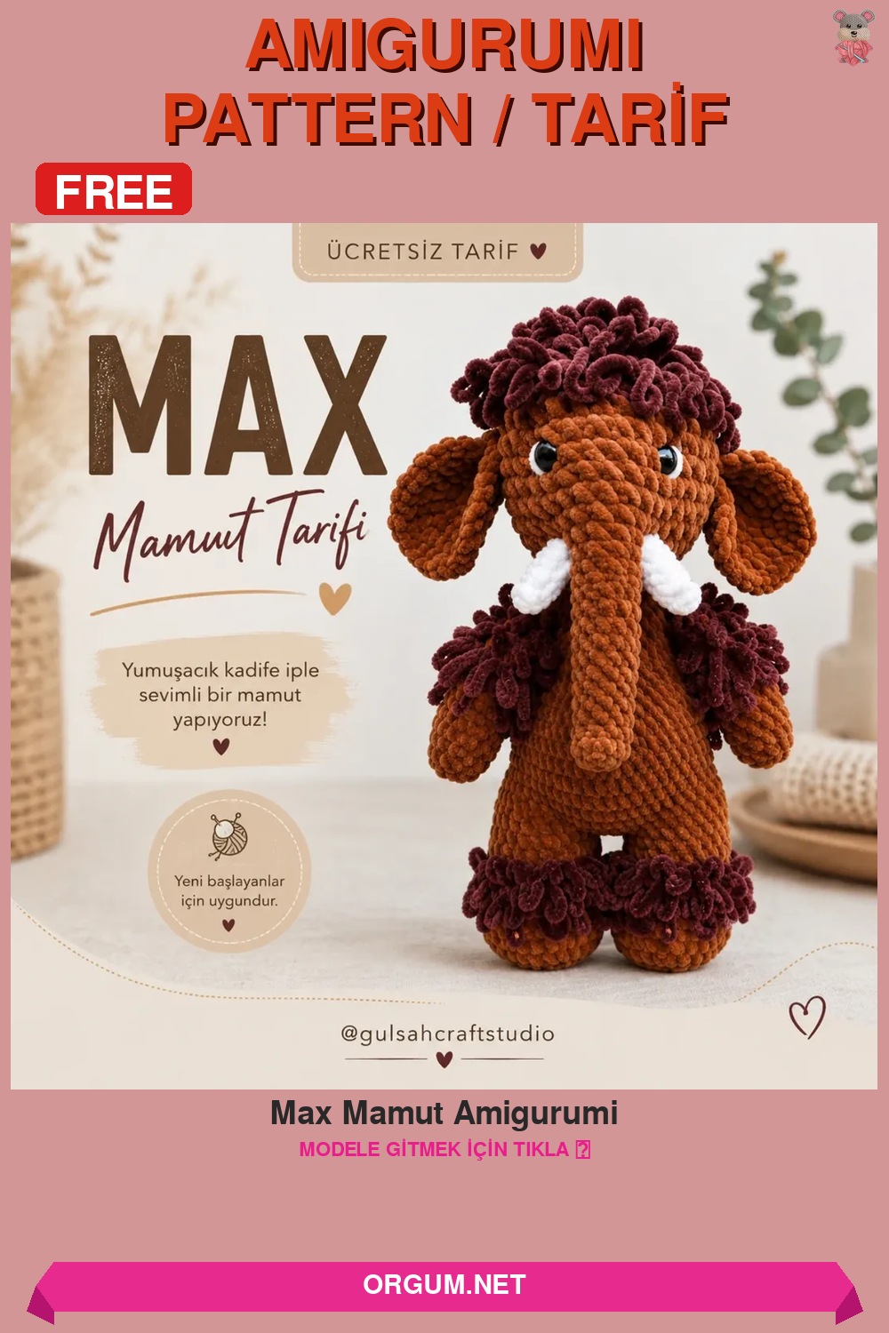 Max Mamut Amigurumi Tarifi: Kadife İplikle Yeni Başlayanlar İçin Ücretsiz Tarif 7 Max Mamut Amigurumi Amigurumi Tarifi Pin